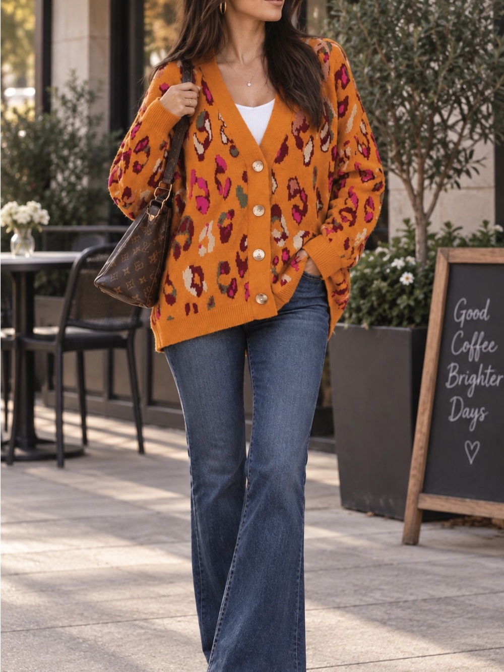 Mustard Leopard Print Cardigan Sweater warm autumn jacket size S